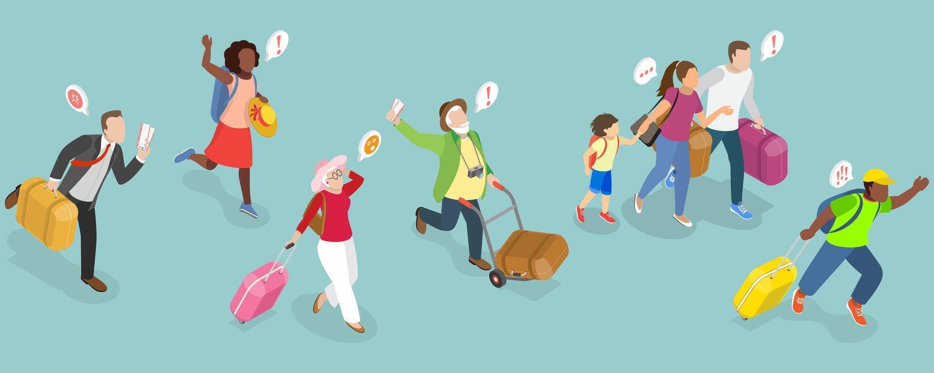 3D Isometric Flat Illustration of Hurrying Tourists, Fast-Paced Visitors in a Hurry vector