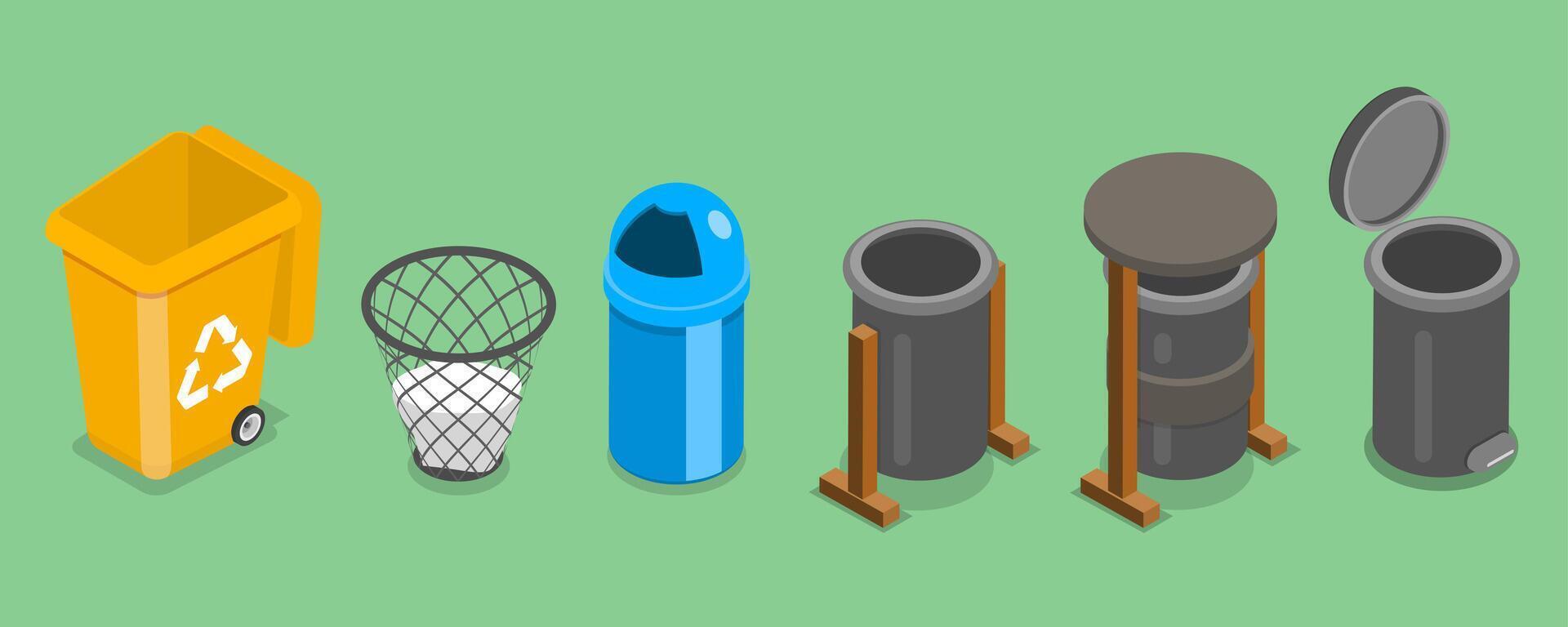 3D Isometric Flat Set of Trash Bins, Garbage Containers vector