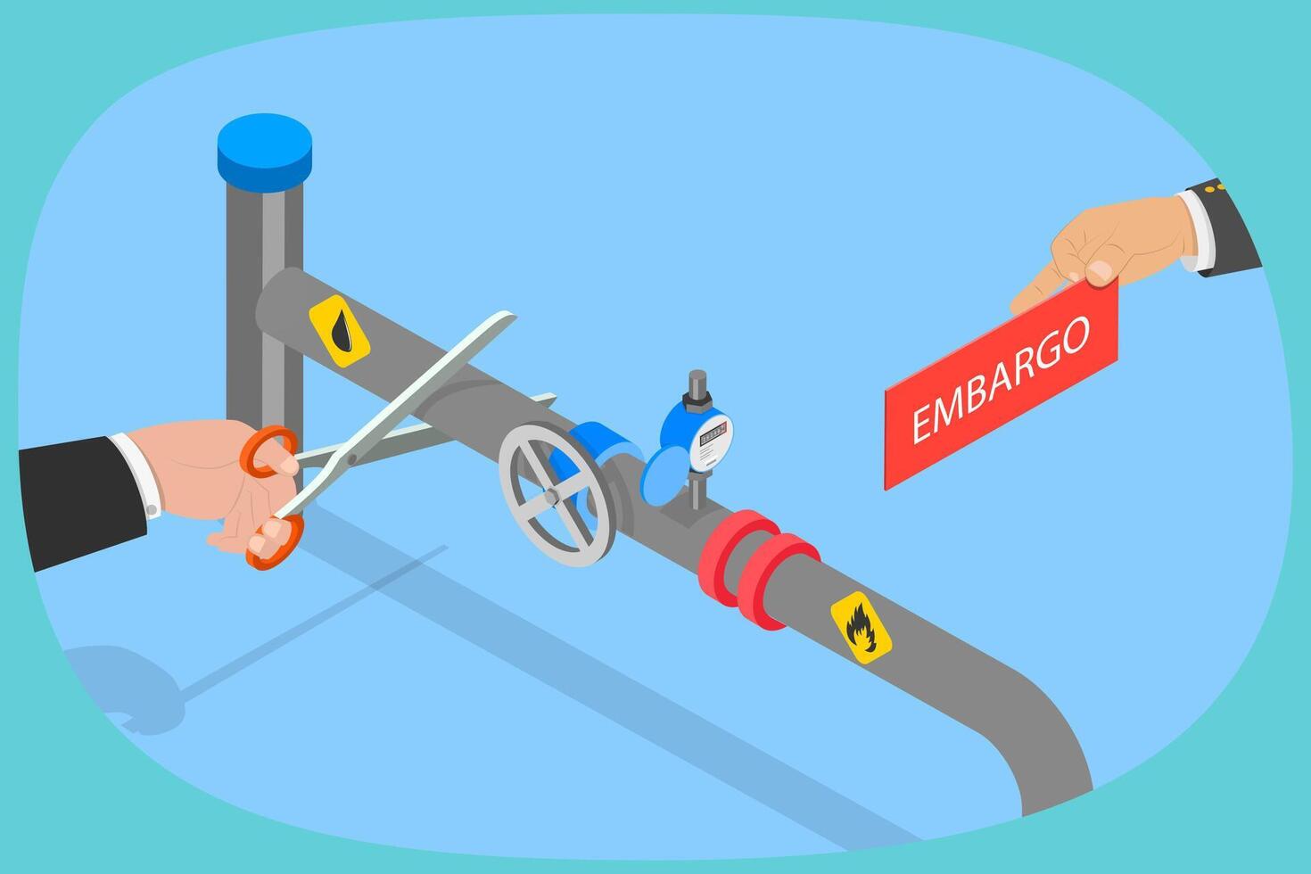 3D Isometric Flat Illustration of Embargo or Sanctions, Diplomat or Policymaker Cuts Oil Pipeline with Large Scissors vector