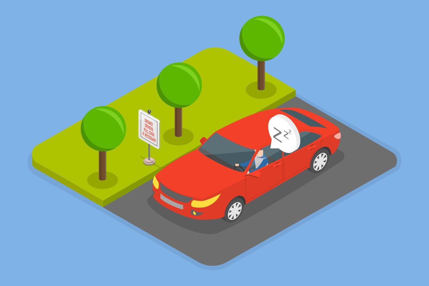 3D Isometric Flat Illustration of Drowsy Driver, Unsafe Driving vector