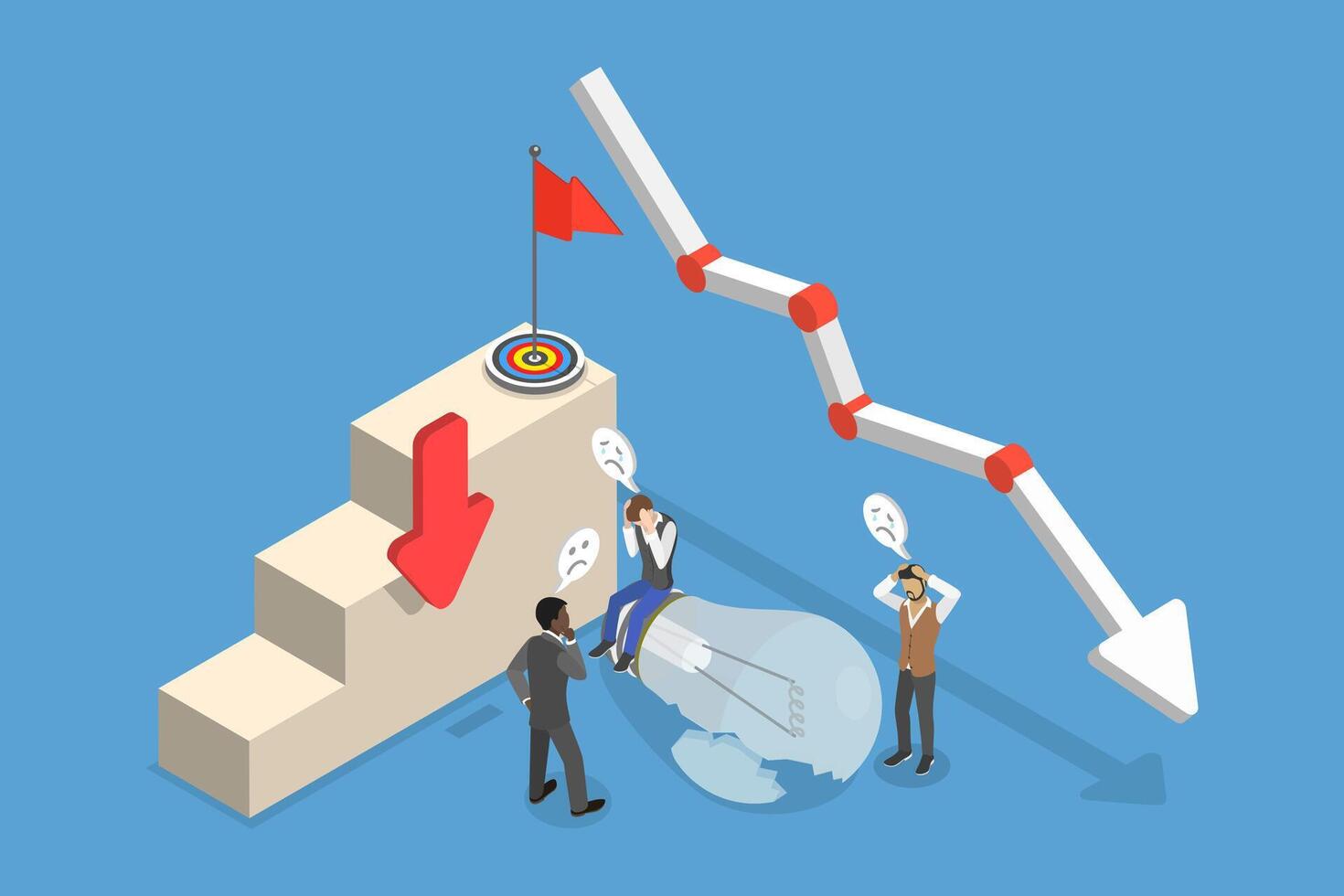 3D Isometric Flat Illustration of Fail Start Up, New Business Failure vector