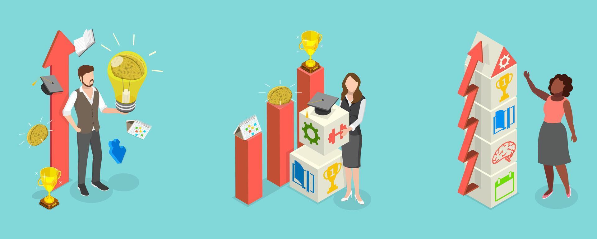 3D Isometric Flat Illustration of Personal Growth, Development of Self-improvement Through Introspection, Reflection, and Education vector