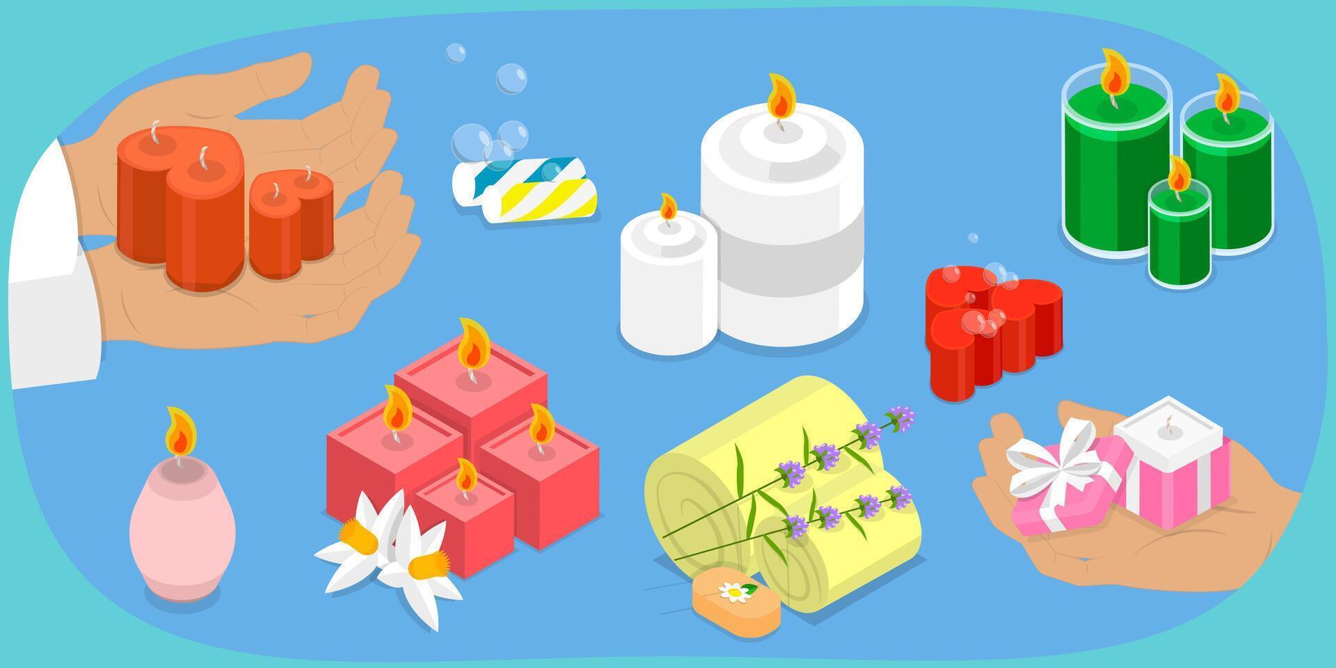 3D Isometric Flat Illustration of Handmade Soap And Candles, Body Care Items vector