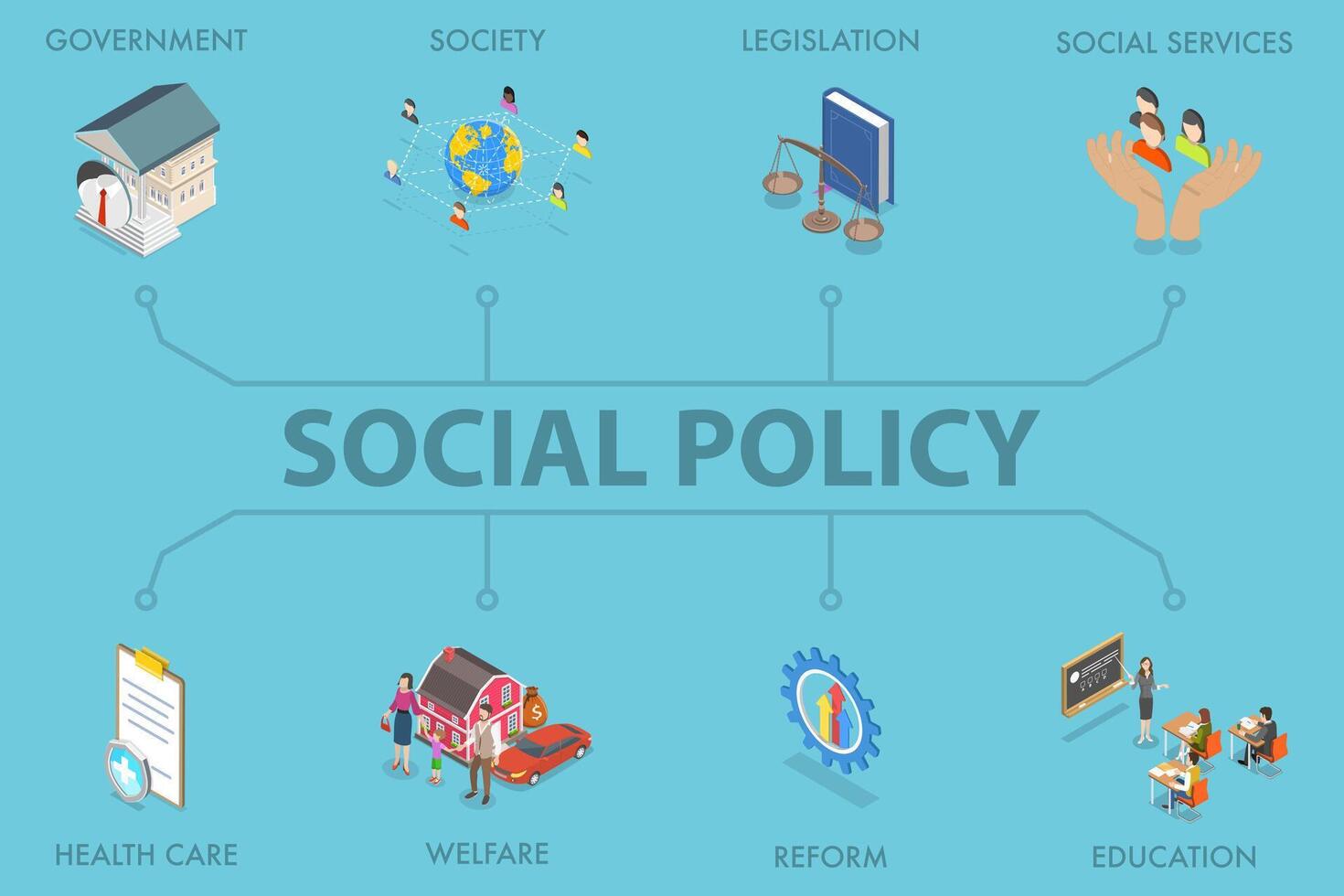 3D Isometric Flat Illustration of Social Policy, Education, Reforms and Services vector