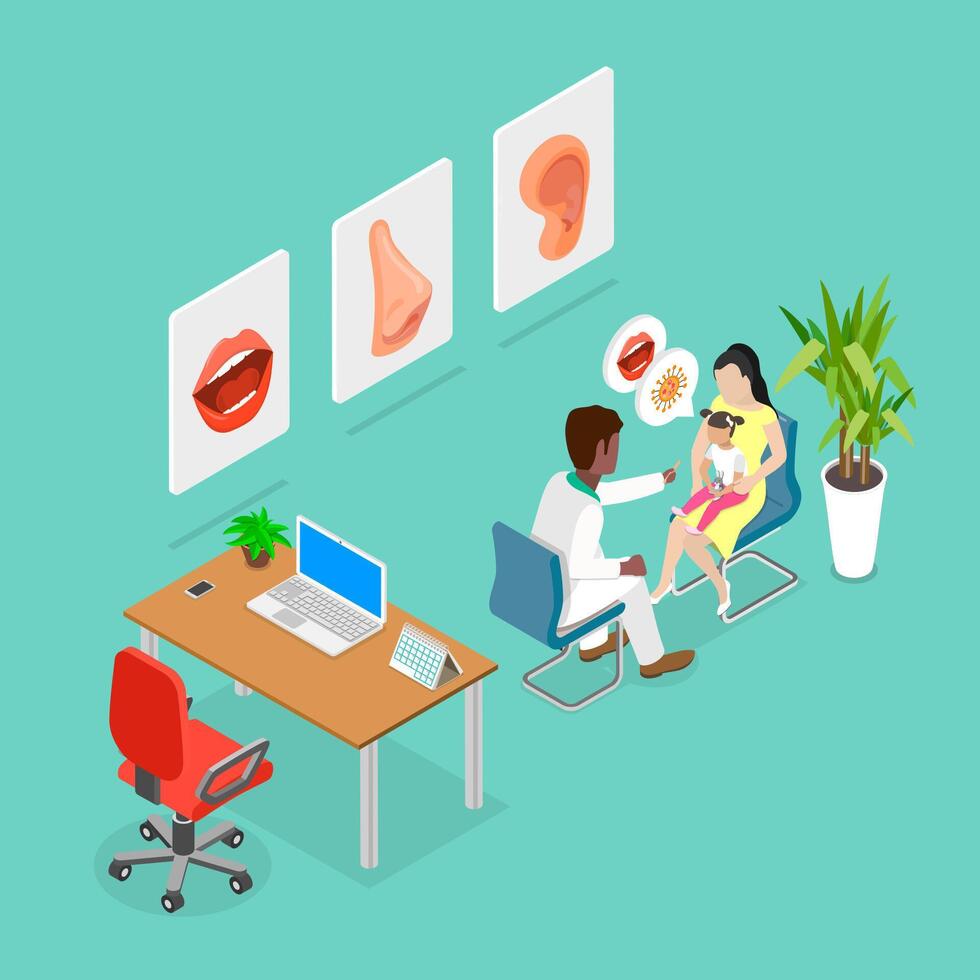 3D Isometric Flat Illustration of Symptoms of a Viral Infection, Family Doctor vector