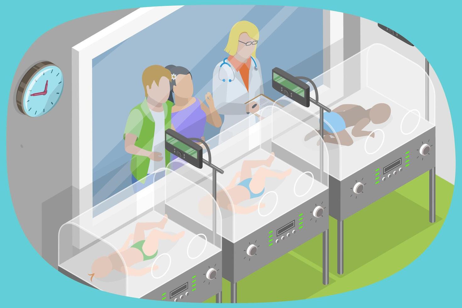 3D Isometric Flat Illustration of Preterm Baby Incubators, Nurses Take Care about New Borns vector