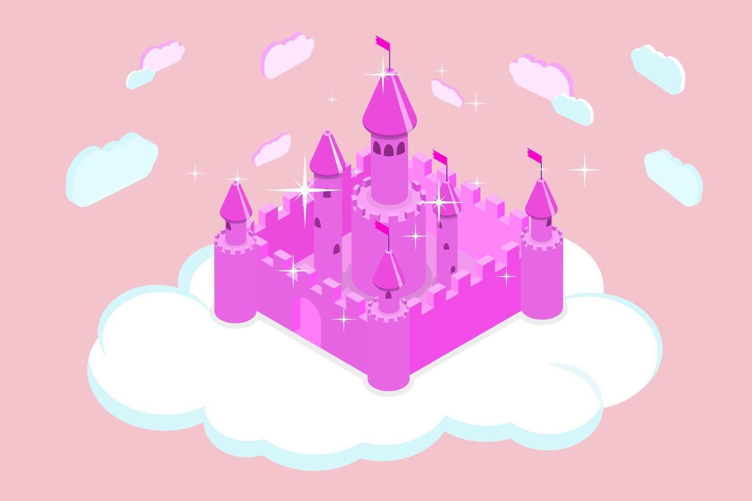 3D Isometric Flat Illustration of Fairy Tale Castle, Wonderful Magic Kingdom in the Sky vector