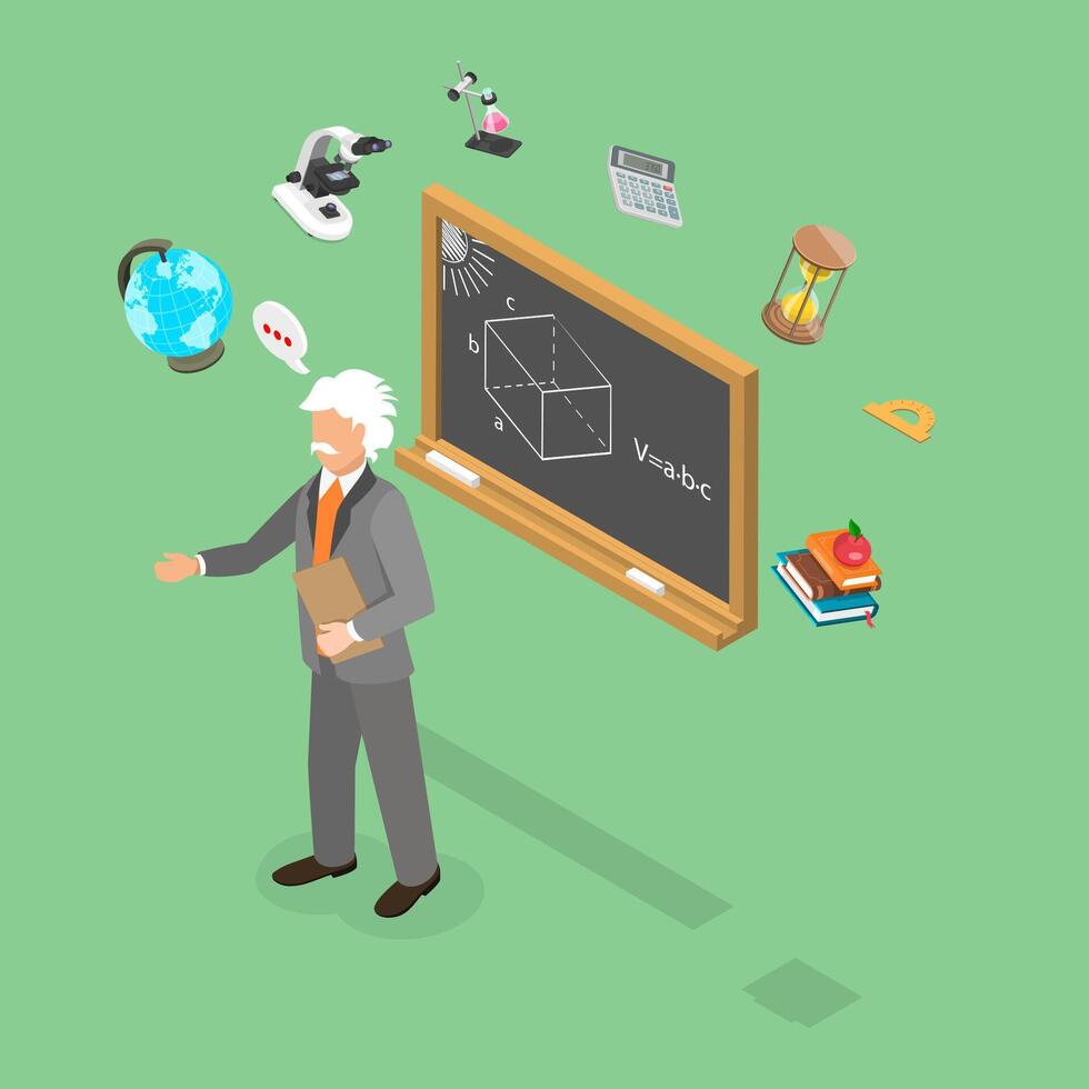 3D Isometric Flat Illustration of School Educator, Chalkboard and Teacher vector
