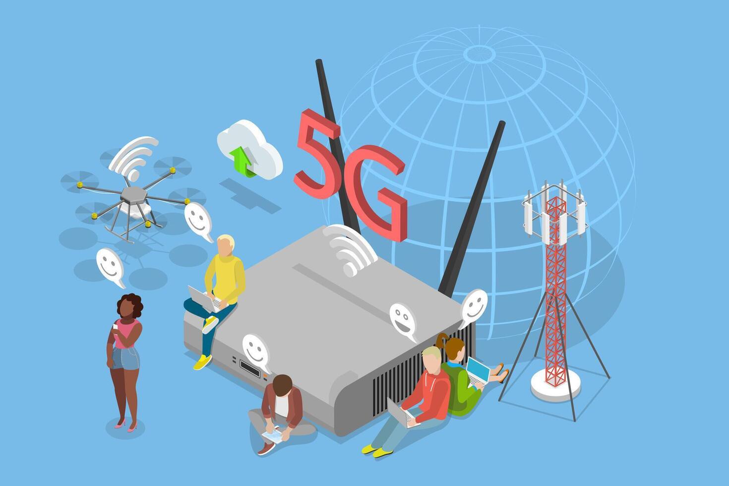 3D Isometric Flat Illustration of 5G Network Wireless, Mobile Telecommunication Technology vector
