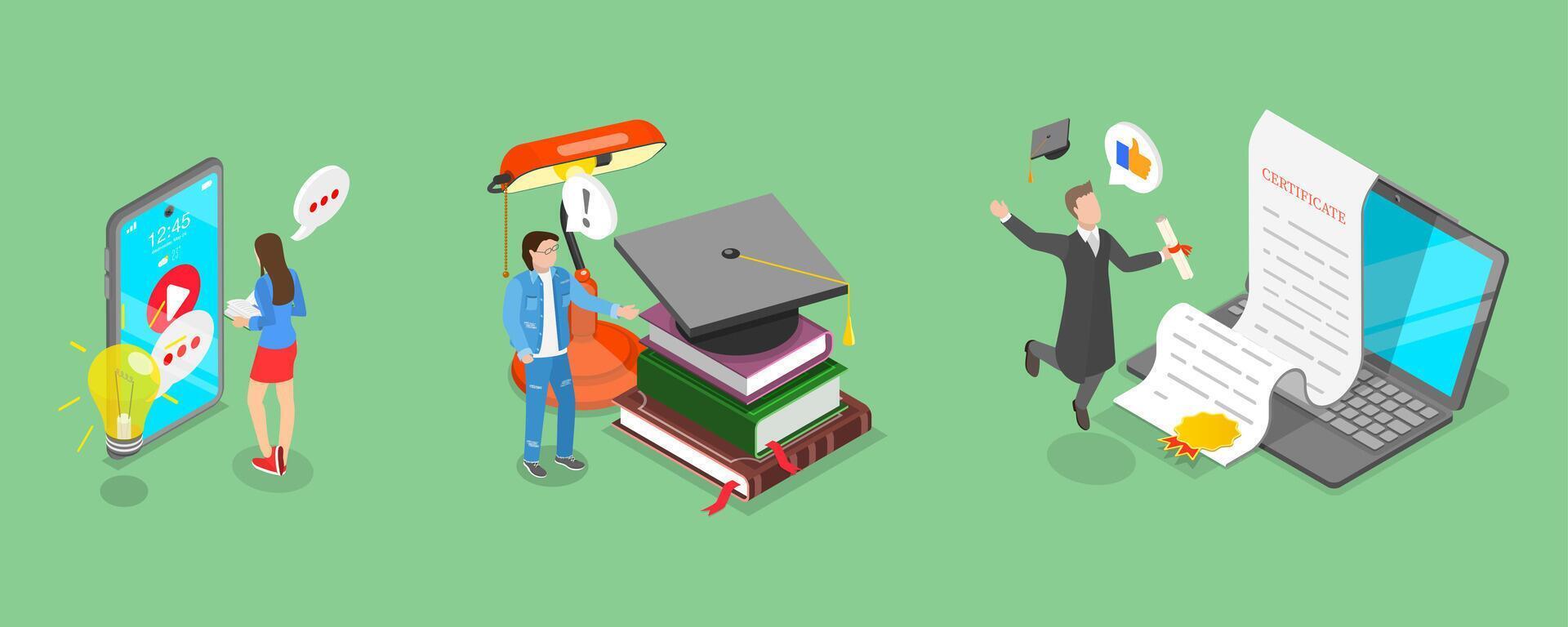 3D Isometric Flat Illustration of Education, Student Learning Process vector