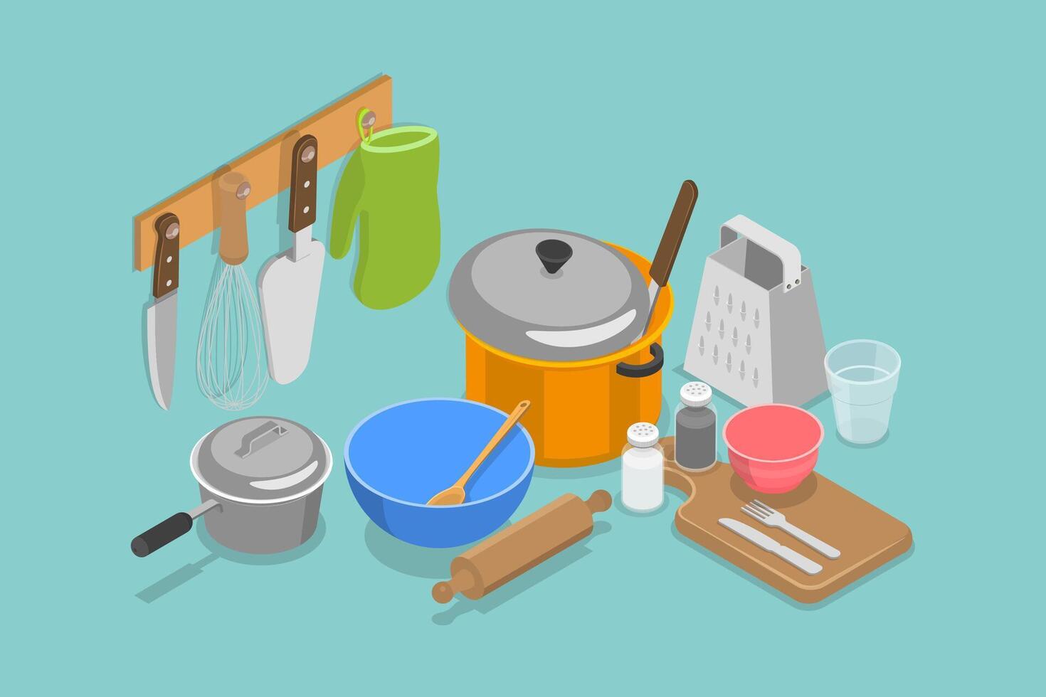 3D Isometric Flat Set of Cookware Collection, Kitchen Cooking Tools vector