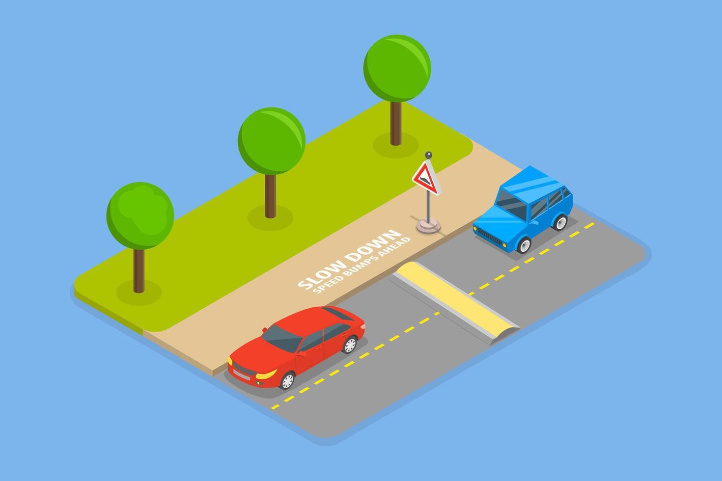 3D Isometric Flat Illustration of Reaching a Speed Bump, Safety Car Driving Rules vector