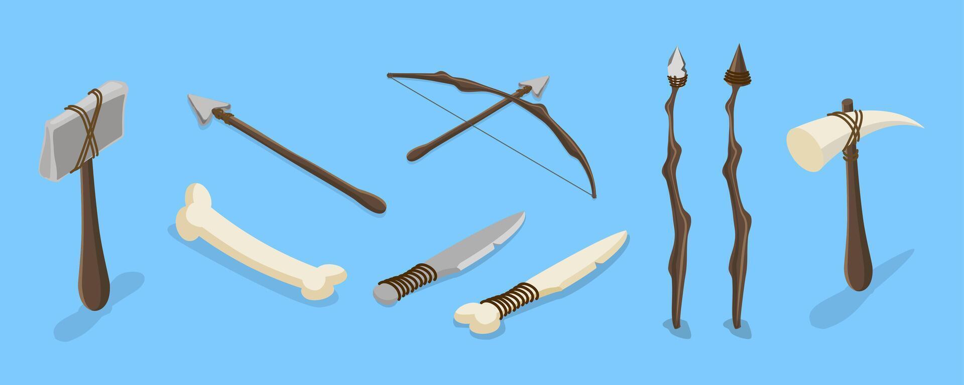3D Isometric Flat Set of Primal Stone Age Tools, Prehistoric Weapons vector