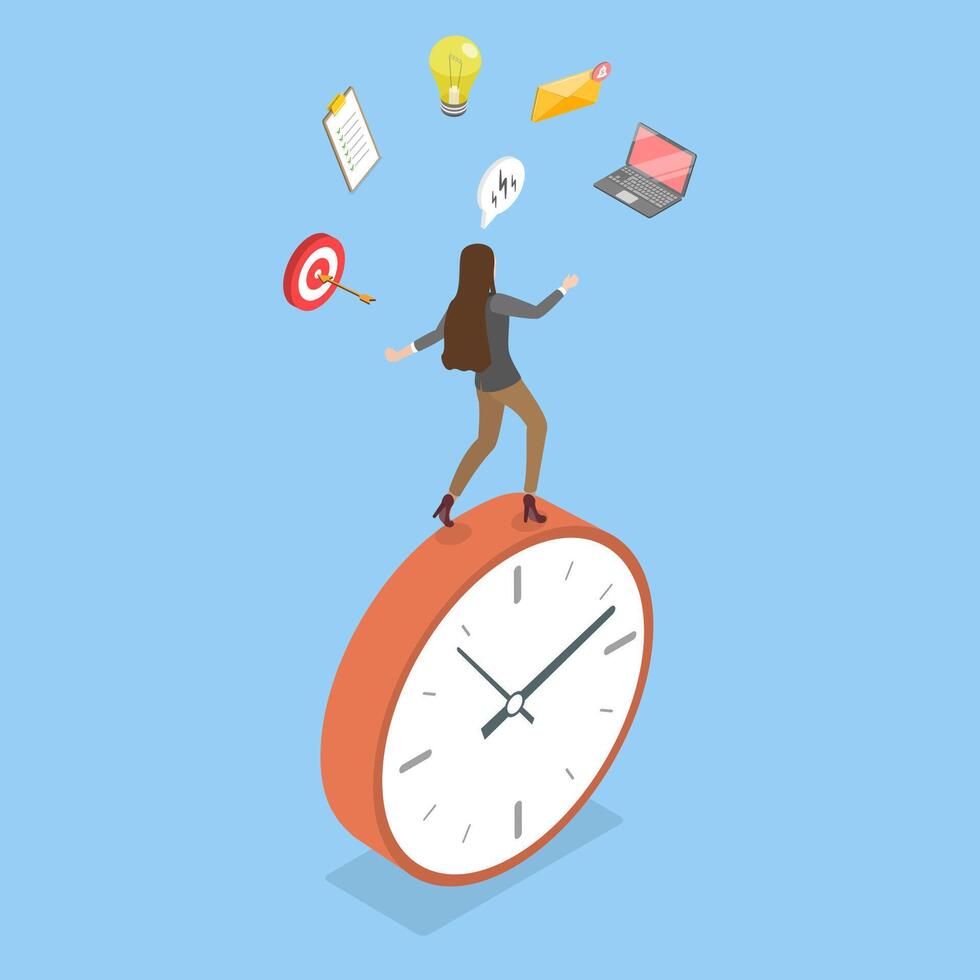 3D Isometric Flat Illustration of Productive Woman, Extended Project Management Skills vector