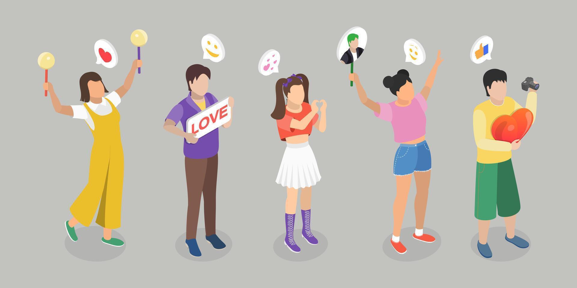 3D Isometric Flat Illustration of K Pop Music Fans, Supporters displaying placards at event. vector