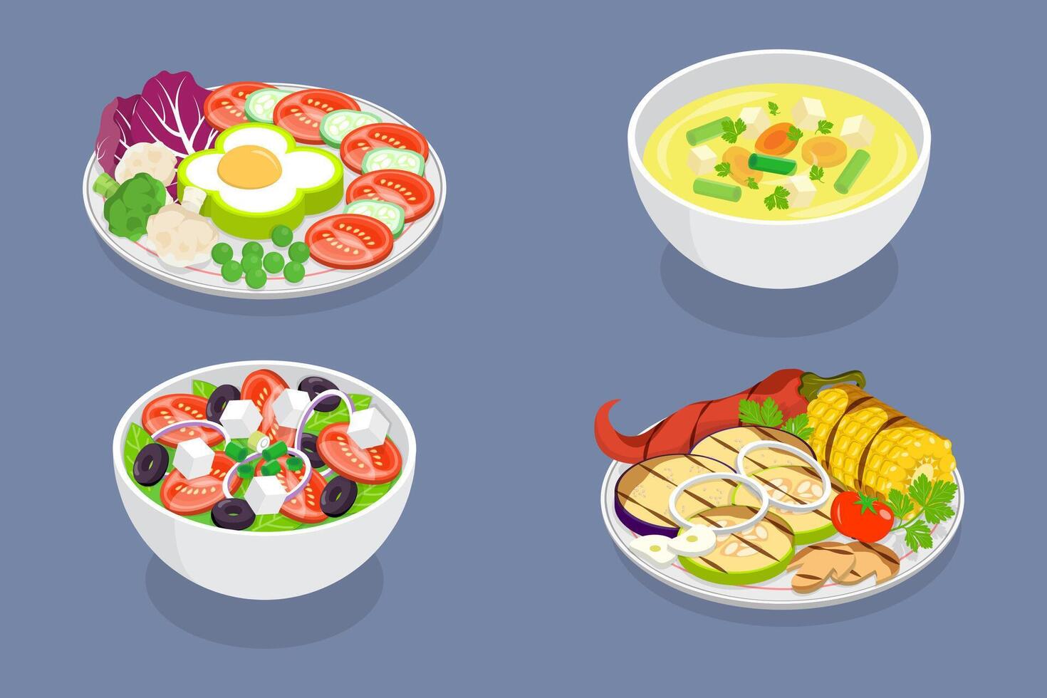 3D Isometric Flat Set of Vegetarian Dishes, Fresh, Natural and Healthy Food vector