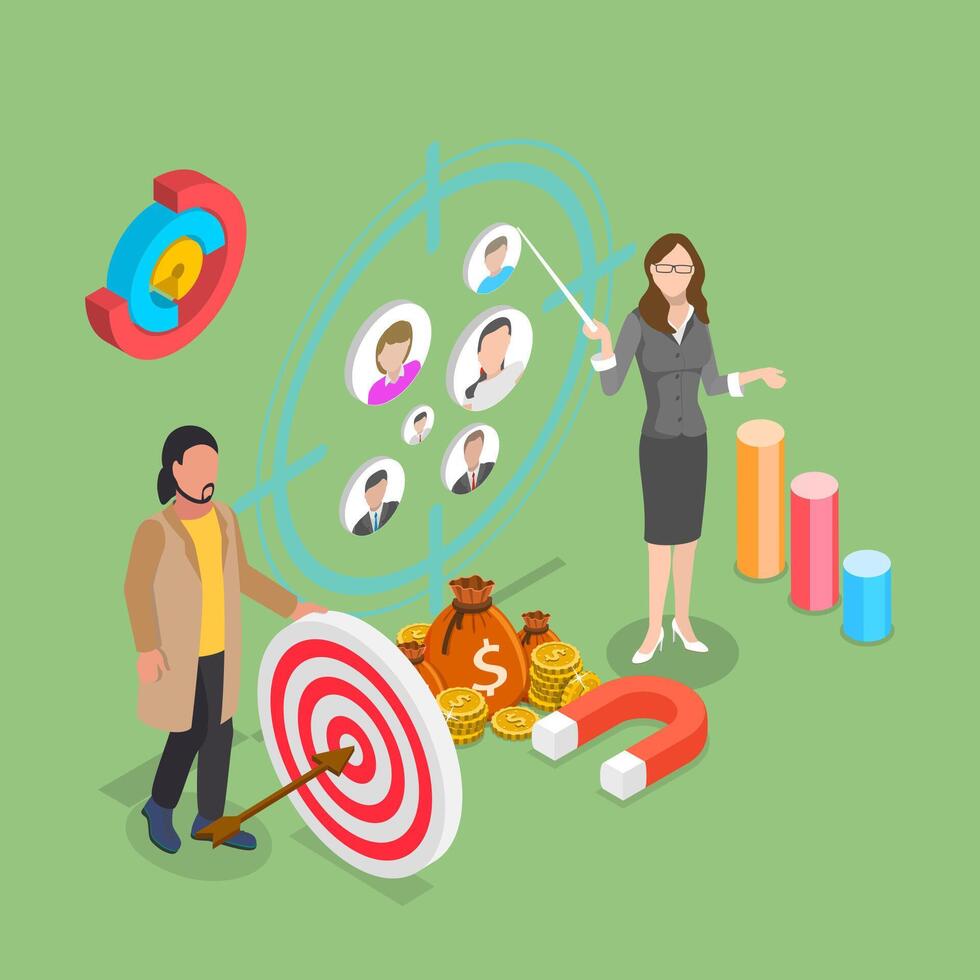 3D Isometric Flat Illustration of Target Audience Research, Market Segmentation vector