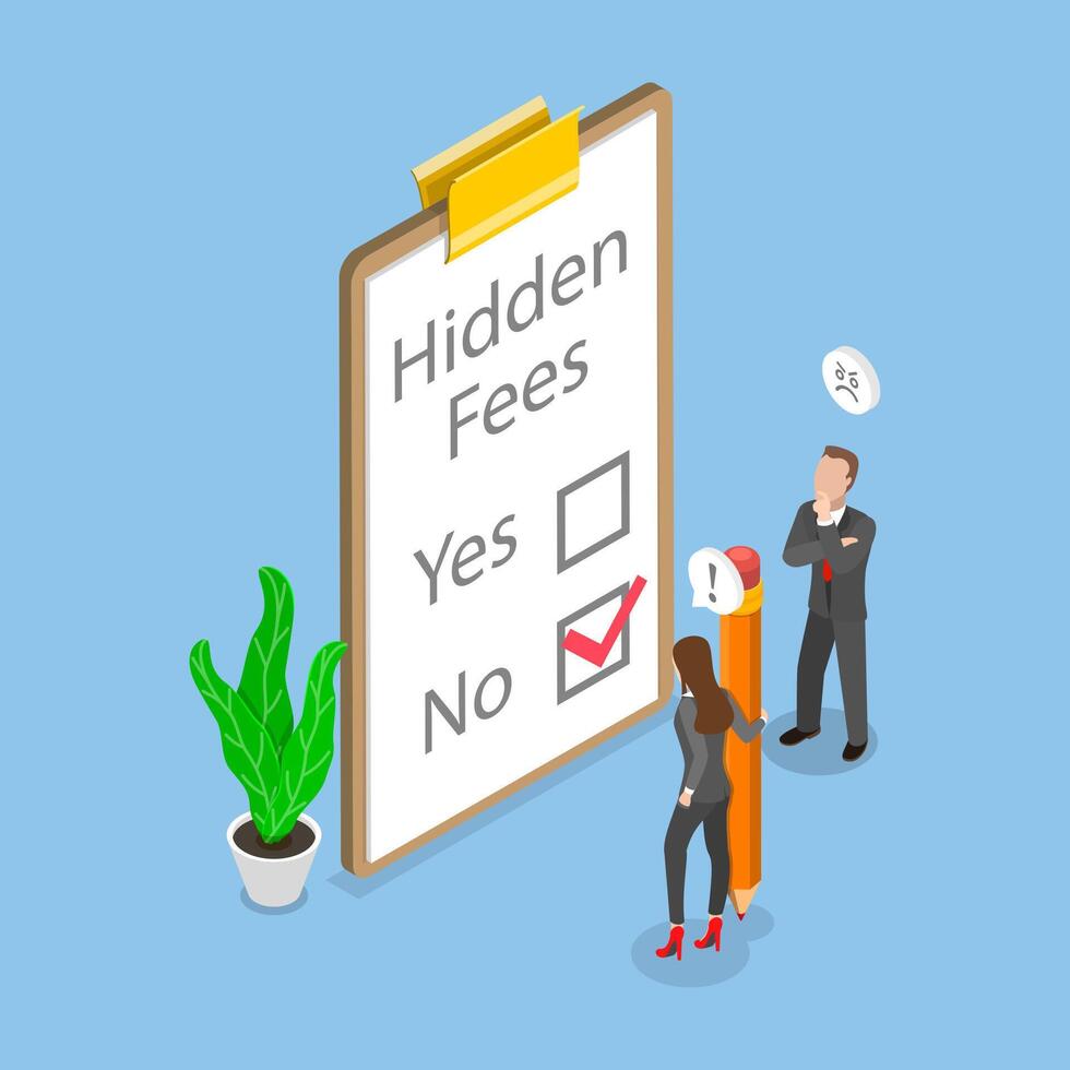3D Isometric Flat Illustration of NO Hidden Fees, True Price vector