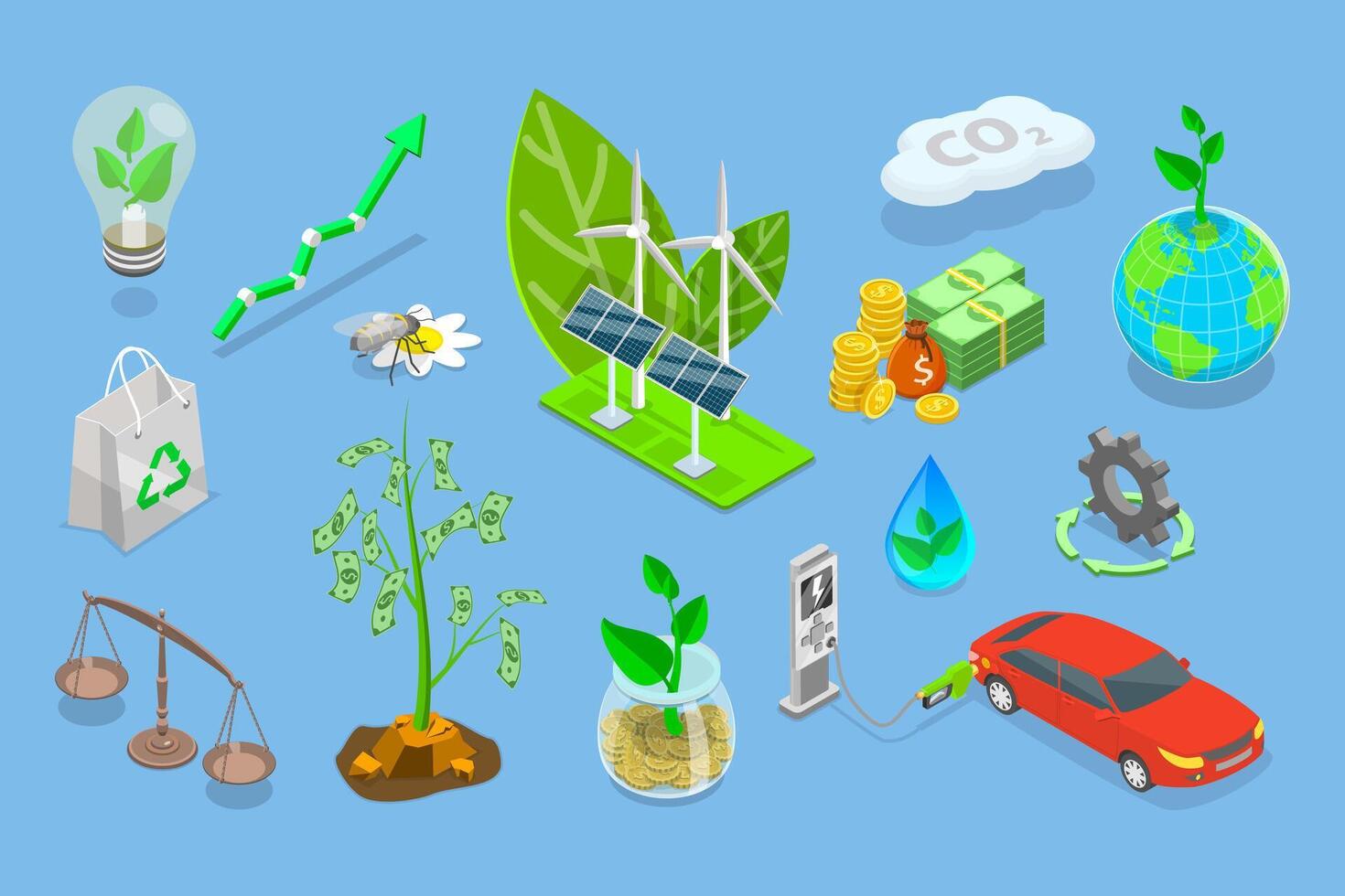 3D Isometric Flat Set of Sustainable Investment Elements, Ethical Business, Green and Environmental Goals vector