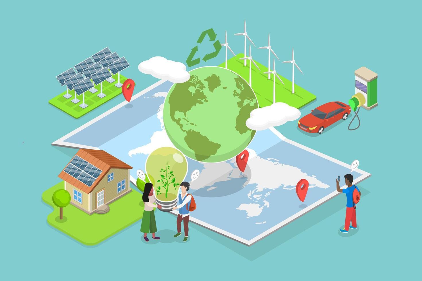 3D Isometric Flat Illustration of Sustainable And Nature Friendly Future, Transition to Green Energy vector