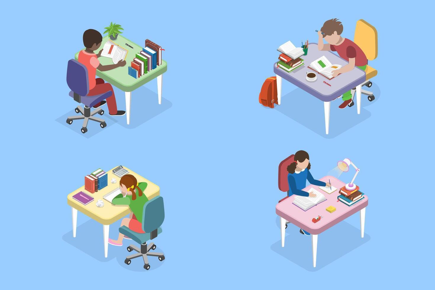 3D Isometric Flat Set of Children Study , Learning Process vector