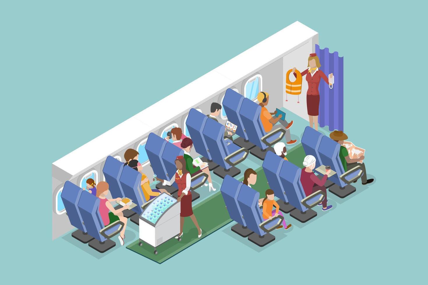 3D Isometric Flat Illustration of Airplane Economy Class, Passenger and Personnel Inside Jet vector