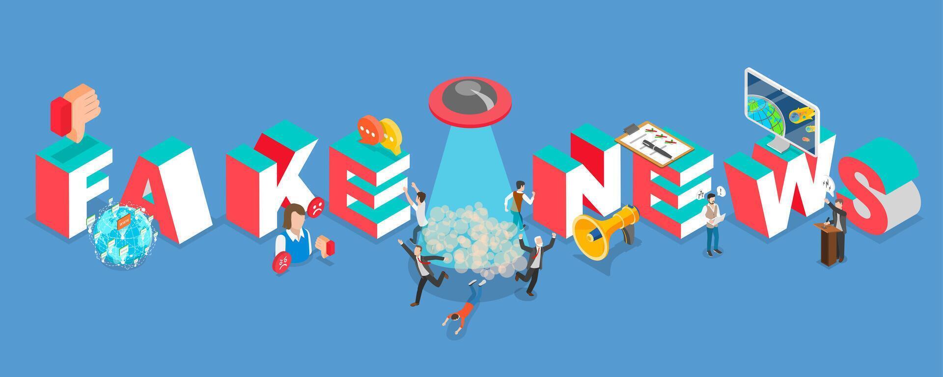 3D Isometric Flat Illustration of Fake News, Spreading Untruth Information, Hoax vector