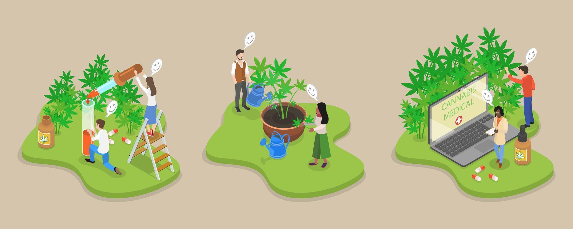 3D Isometric Flat Illustration of Hemp Products, Weed Plant Cultivation vector