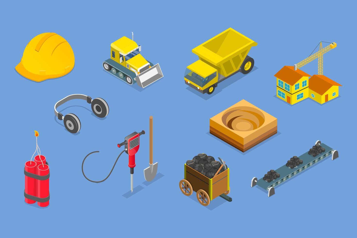 3D Isometric Flat Set of Mining Elements , Extraction Industry Profession vector