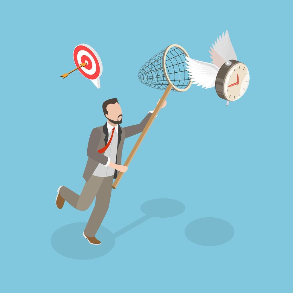 3D Isometric Flat Illustration of Time Chasing, Trying to Catch the Moment vector
