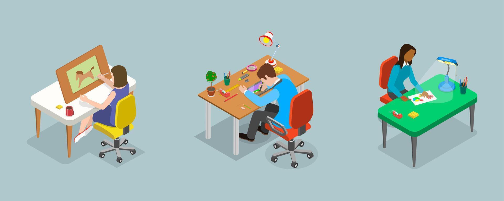 3D Isometric Flat Illustration of Designers At Work, Professional Visual Artists vector