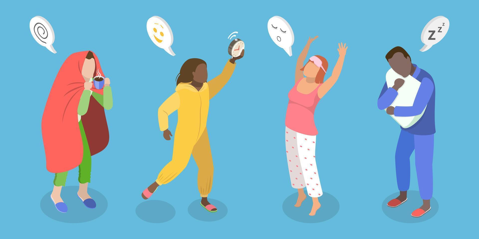 3D Isometric Flat Set of People In Pajamas, Daily Morning Life vector
