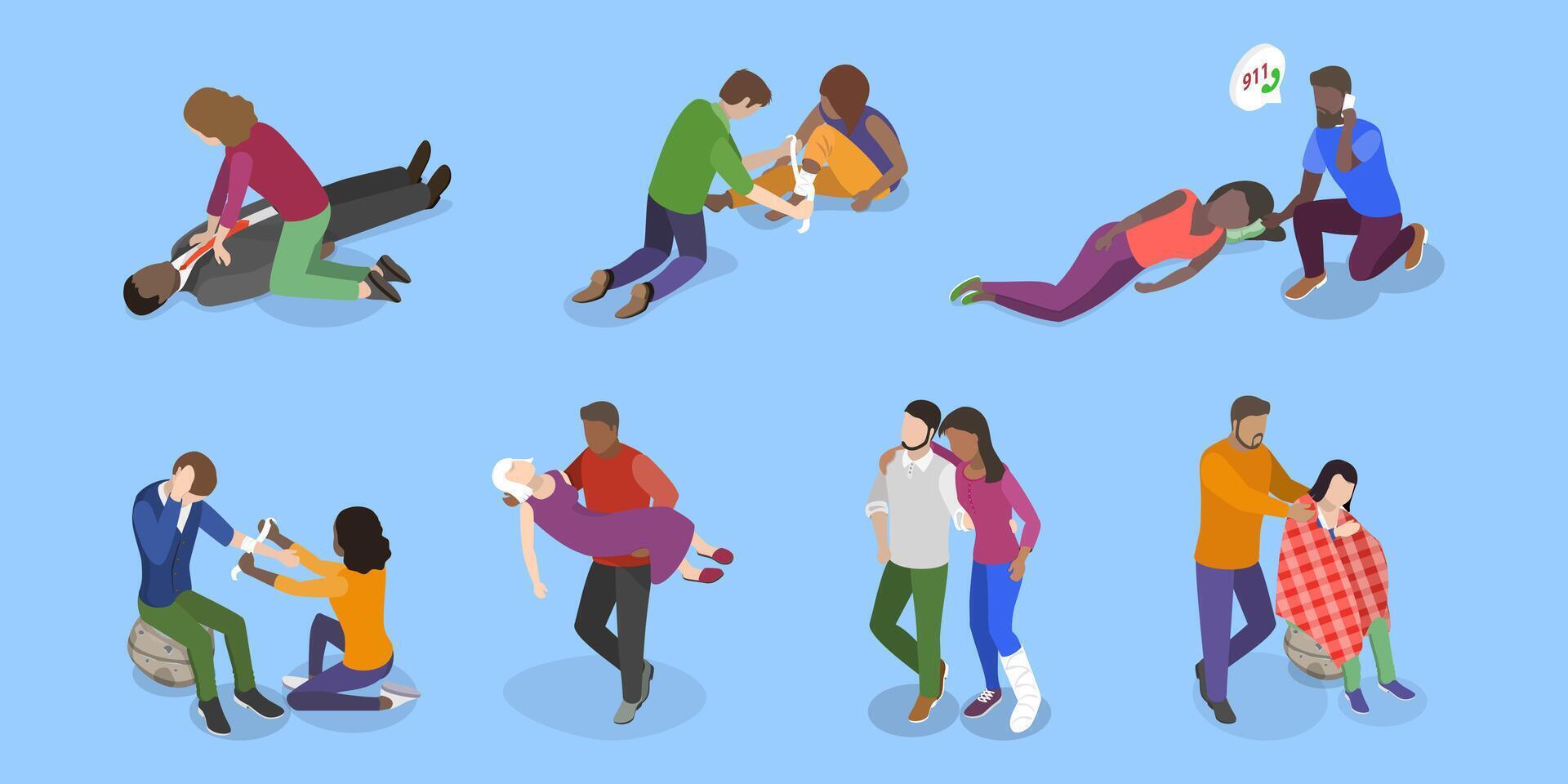 3D Isometric Flat Illustration of Medical First Aid, Emergency procedures, and rescue scenarios vector
