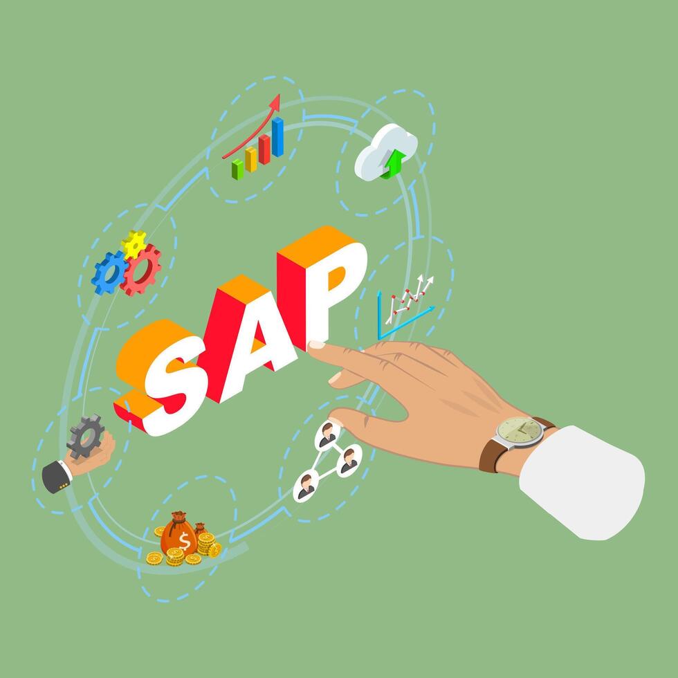 3D Isometric Flat Illustration of SAP, System Software for Enterprise Resource Planning vector