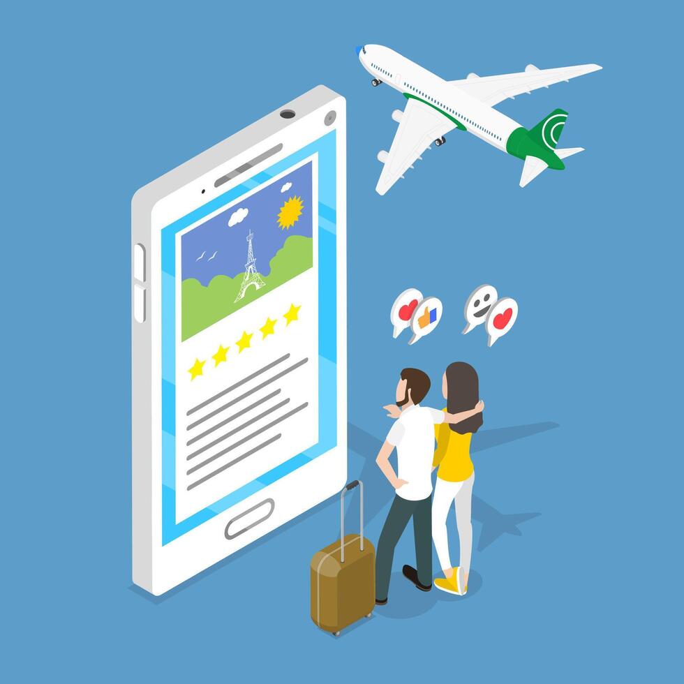 3D Isometric Flat Illustration of Travel To Europe, Hotel Reservation and Ticket Purchase vector