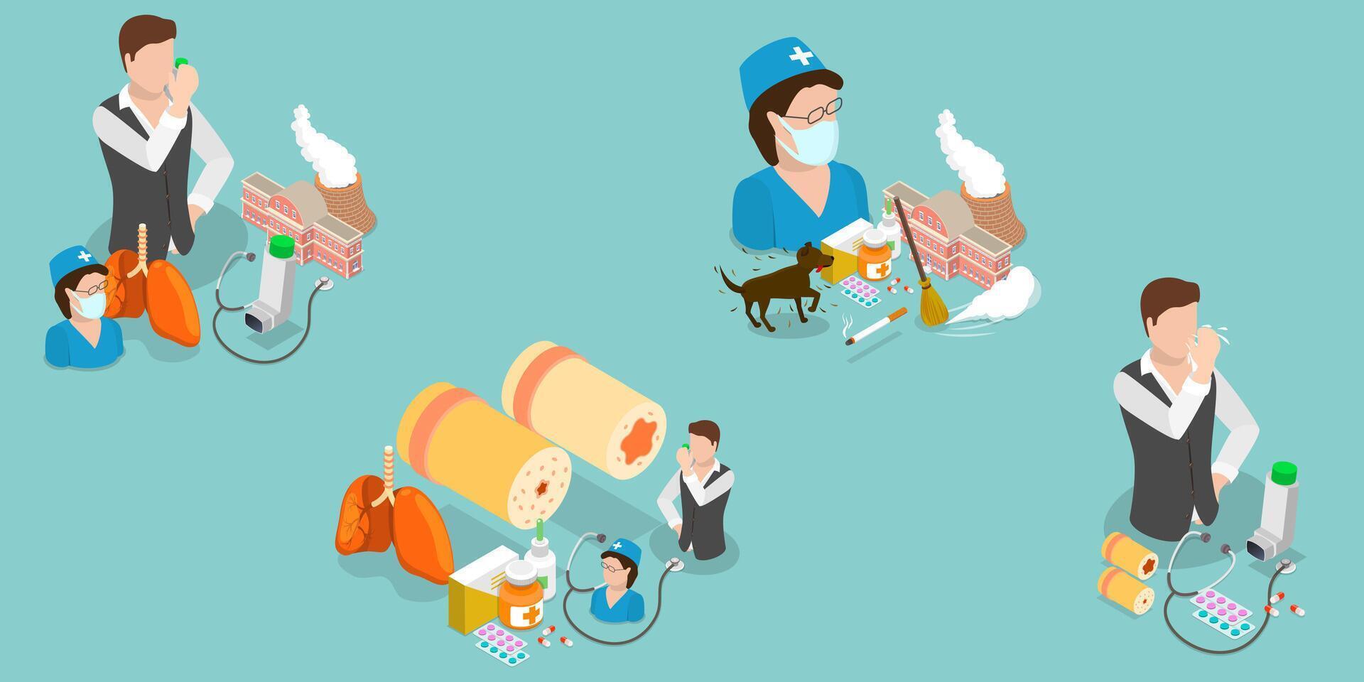 3D Isometric Flat Illustration of Bronchial Asthma, Inhalation Medicine vector