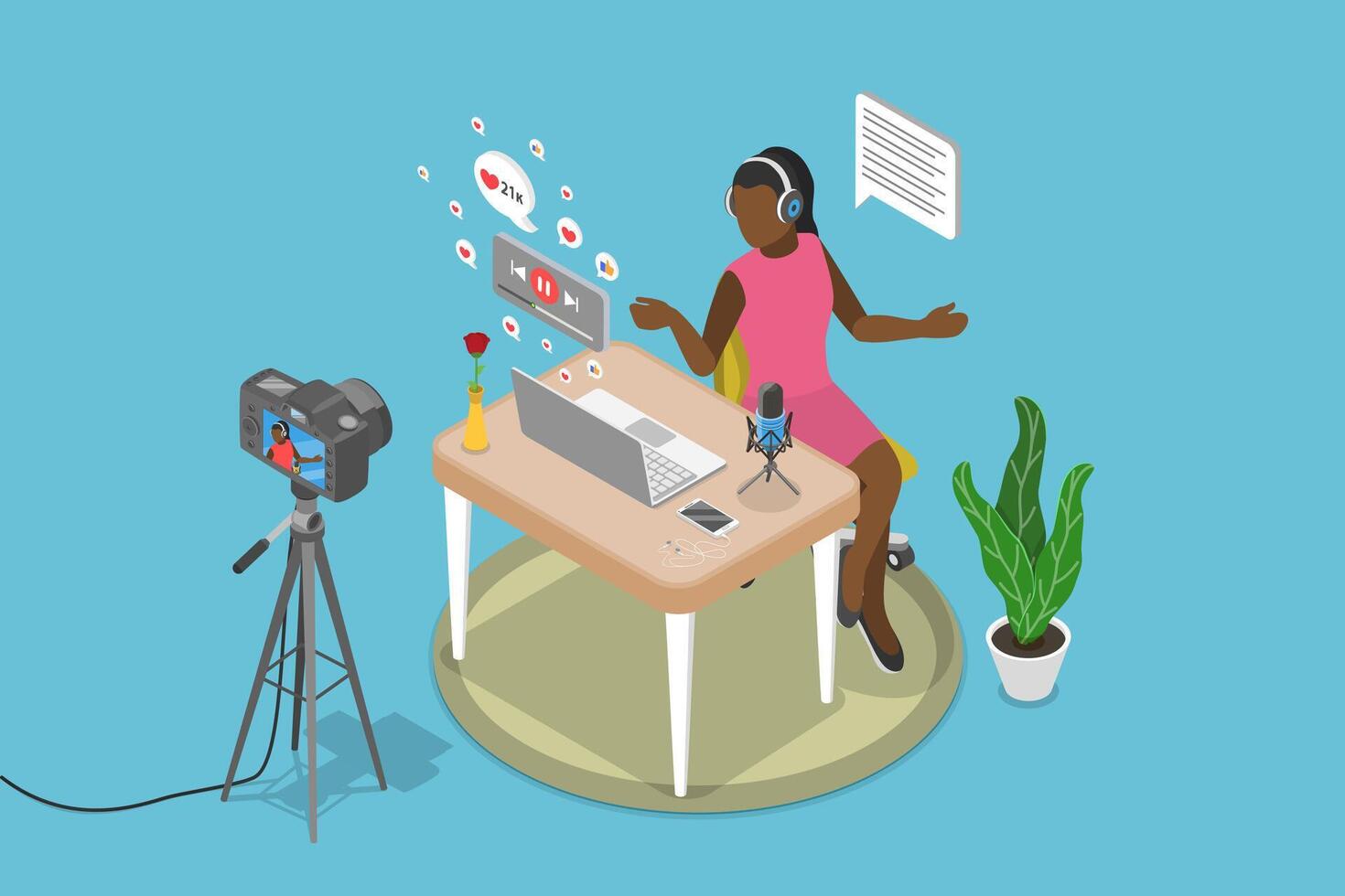 3D Isometric Flat Illustration of Podcast, Social Media Broadcasting vector