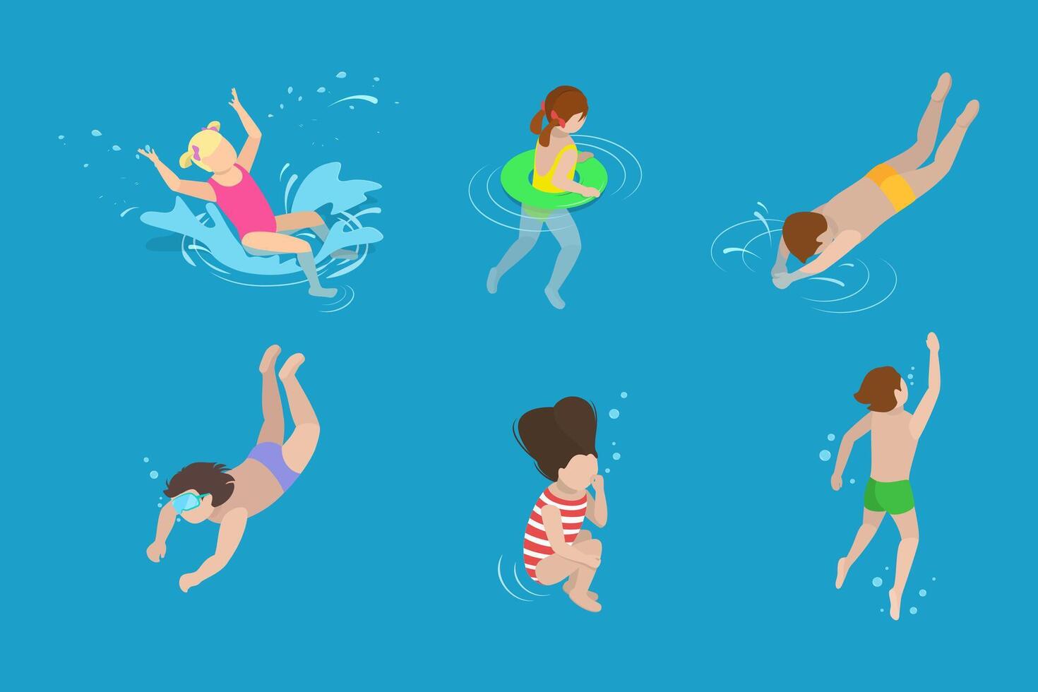 3D Isometric Flat Set of Children Snorkeling, Kids Swimming Lessons vector