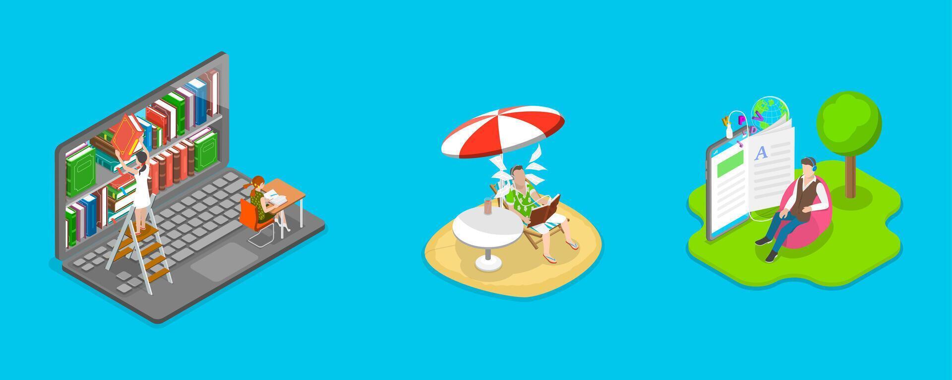3D Isometric Flat Illustration of Electronic Library, E-learning Online vector