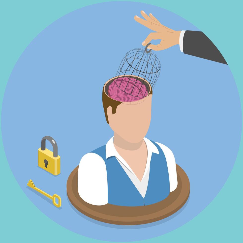3D Isometric Flat Illustration of Open Your Mind, Restricted Imagination vector