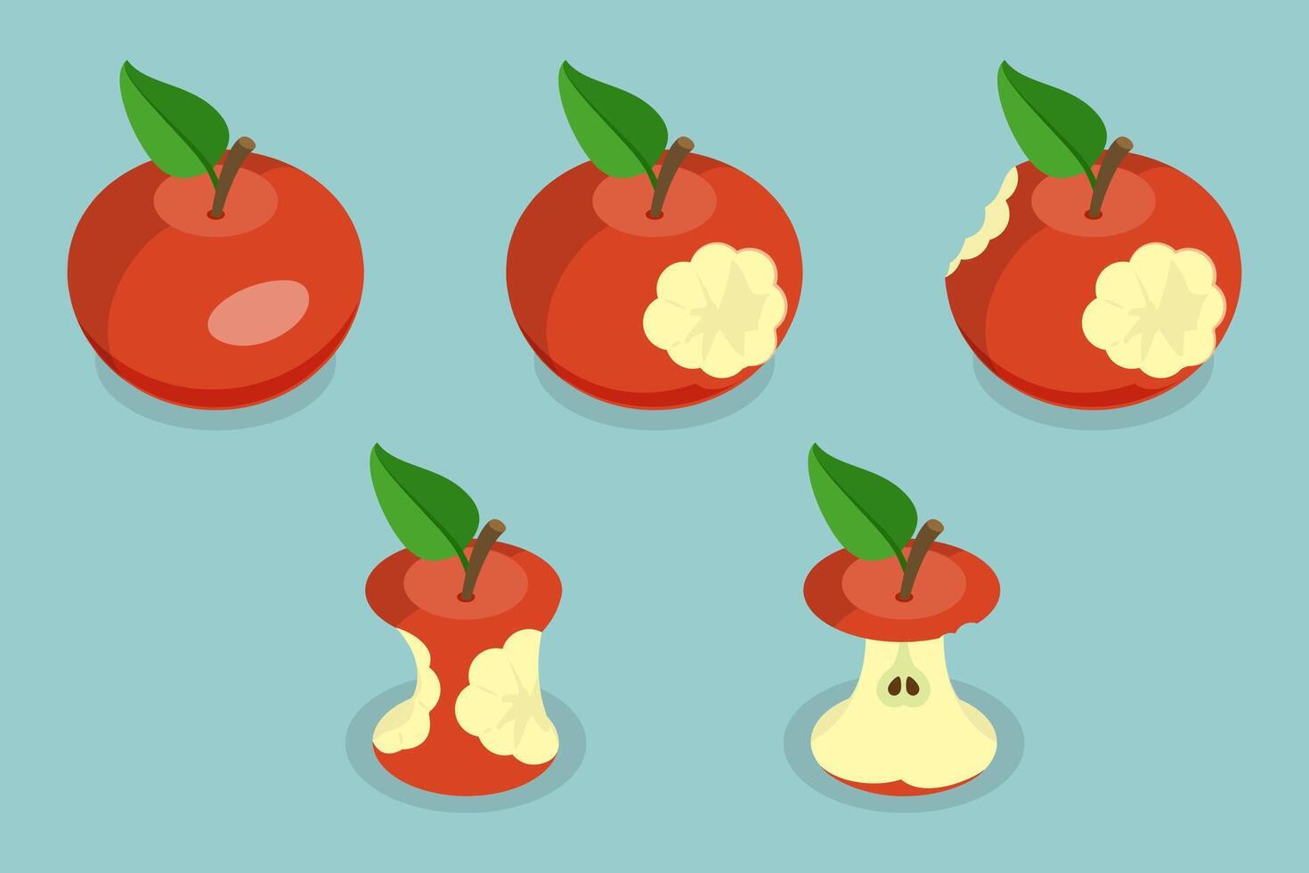 3D Isometric Flat Set of Bitten Apple, Bite Progression vector