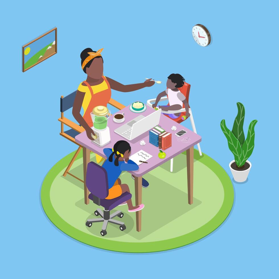 3D Isometric Flat Illustration of Working Mom, Hardworking Mother Balances Home Work and Study for Child vector