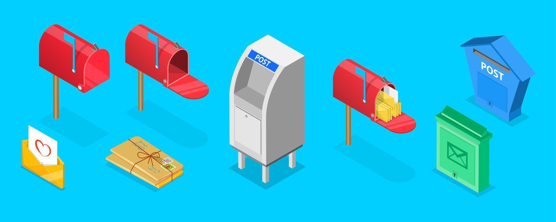 3D Isometric Flat Set of Mailboxes, Post Elements vector