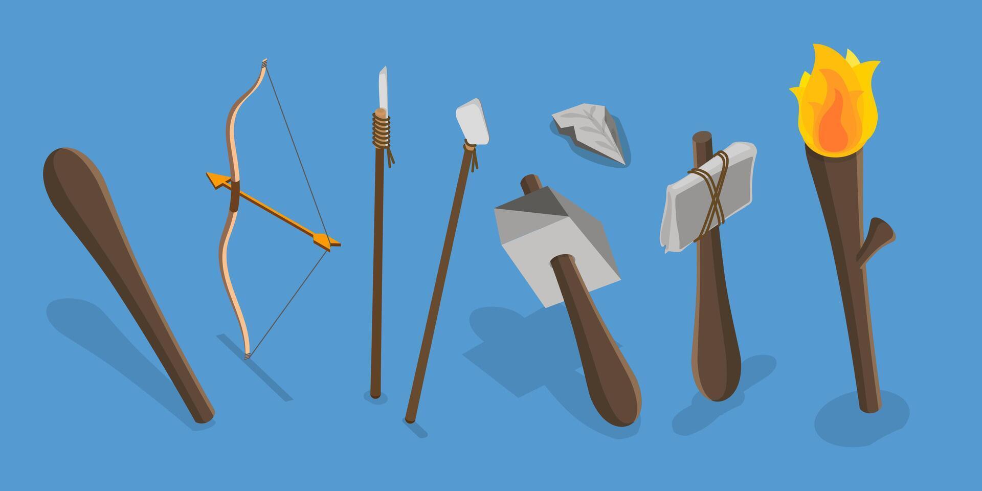 3D Isometric Flat Set of Stone Age Tools, Prehistoric Weapons vector