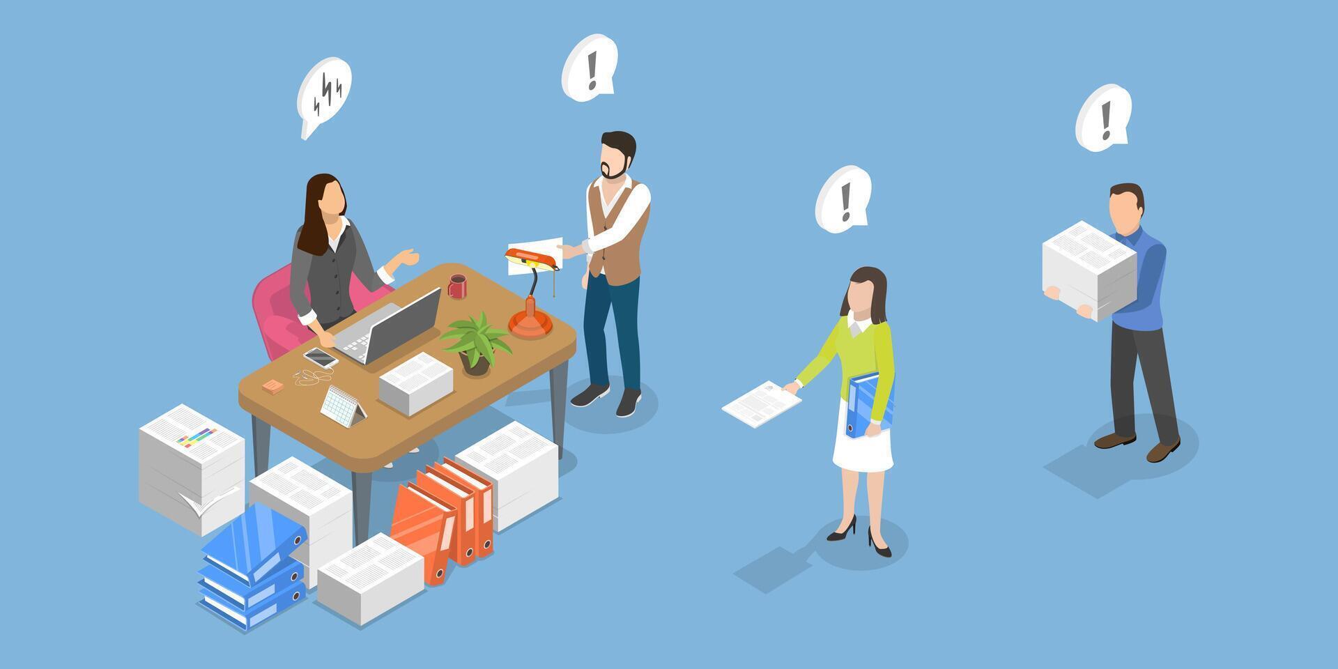3D Isometric Flat Illustration of Office Bureaucracy, Paperwork Organization in Office vector