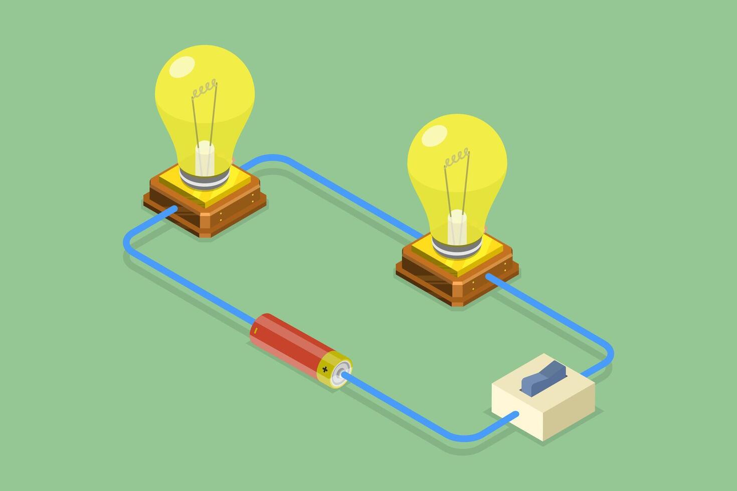3D Isometric Flat Illustration of Simple Electric Circuit, Accumulator Battery and Light Bulb vector
