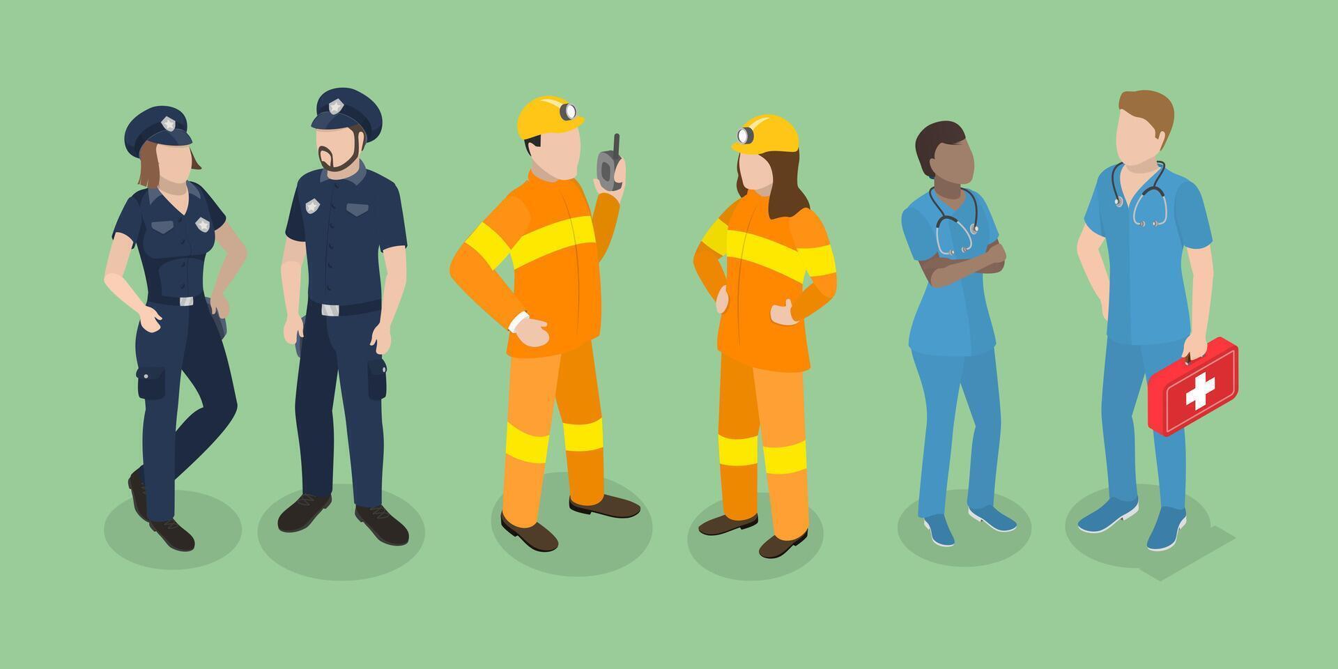 3D Isometric Flat Illustration of Emergency Services, Paramedic, Firefighter and Policeman vector
