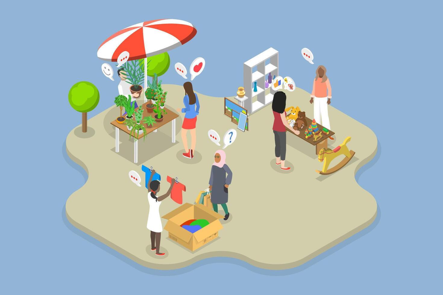 3D Isometric Flat Illustration of Flea Market, Garage Sale in a Park vector