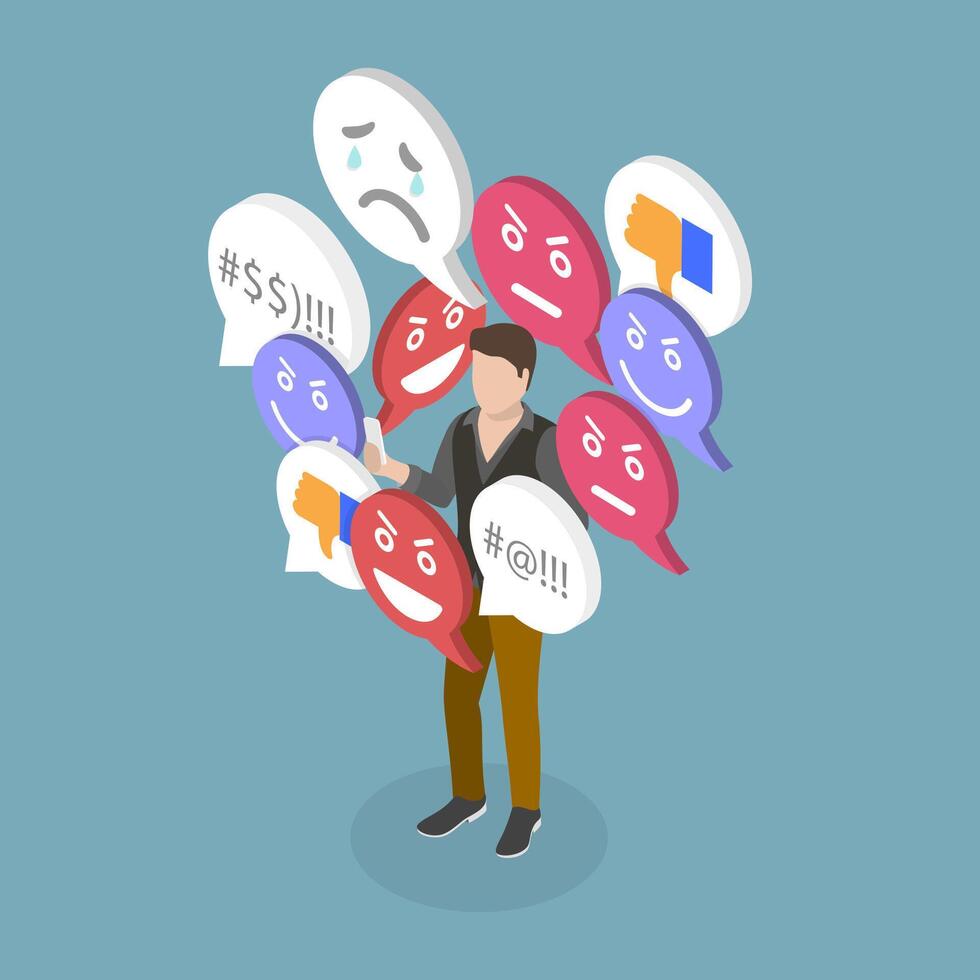 3D Isometric Flat Illustration of Cyberbullying, Online Bullying Behavior vector