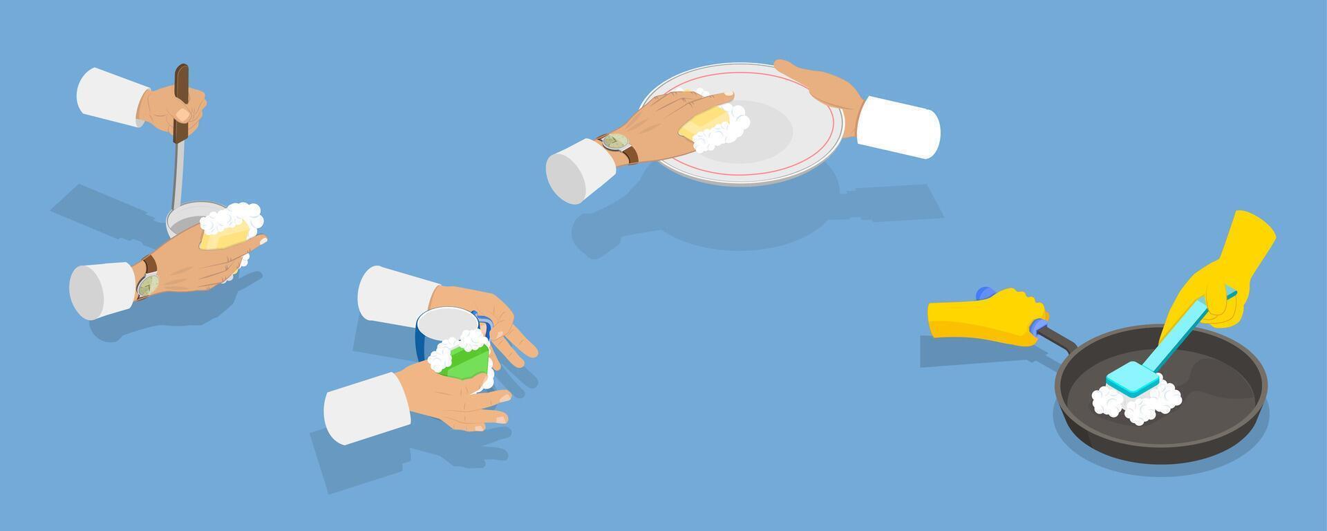 3D Isometric Flat Illustration of Hands Washing Dishes, Dishwashing Process vector